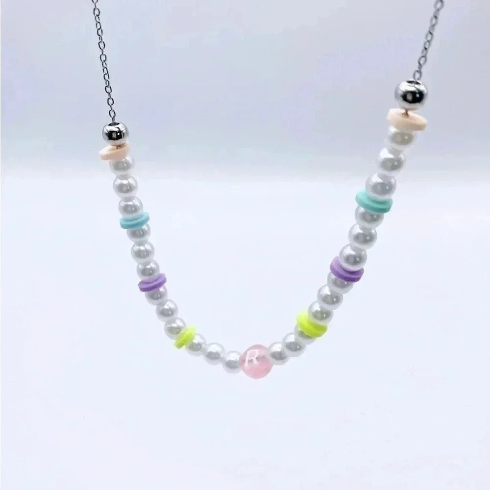Pearl and colorful beaded necklace |Gold plated | Dainty Necklace| Custom Letter